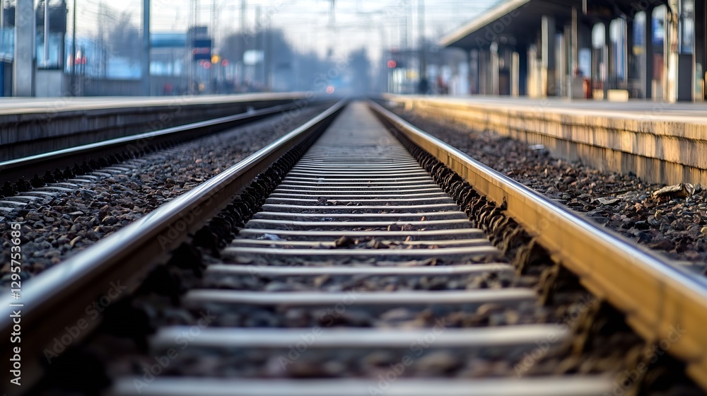 Poster converging train tracks in railway station with scenic perspective in blue hour light : generative a