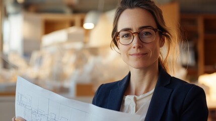 Young professional woman in glasses holding blueprints at a modern design office, showcasing creativity and focus on architectural projects