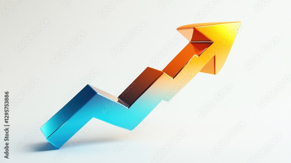 Poster a dynamic 3d arrow in gradient orange and blue colors representing upward growth on a white backgrou