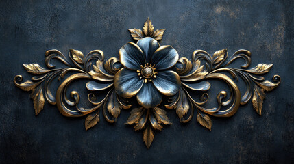Gold & Blue Ornate Flower Design on Dark Stone