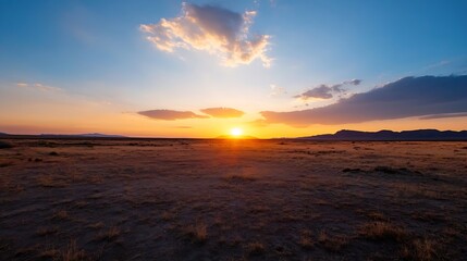 Fototapeta premium Stunning Sunset Over a Vast Desert Landscape with Vibrant Colors of Dusk in the Sky : Generative AI