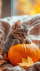 Autumnal Kitten and Pumpkin: A delightful kitten explores a vibrant pumpkin, amidst a scattering of autumnal leaves, evoking warmth and the spirit of fall.