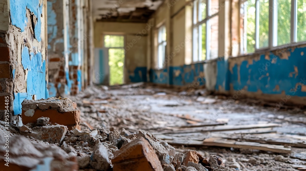 Poster abandoned and distressed interior of a ruined building with crumbling walls and windows : generative