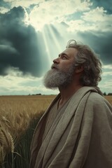 Noah, God's voice visualized as vertical light beam from sky to Noah.