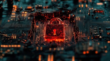 Transparent red padlock embedded in a circuit board symbolizing data encryption security and protection in a high tech digital landscape