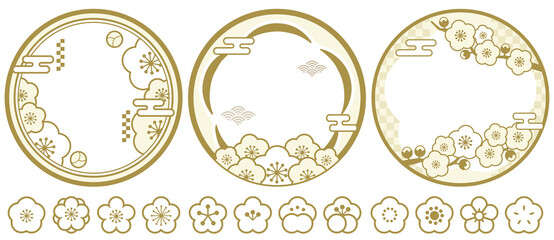 梅の花　和風な丸型フレームとアイコンセット（PNG）