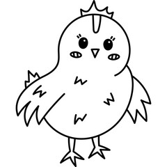 Lovely doodle Easter chick character standing and smiling. Cute hand drawn baby chicken as symbol of traditional springtime holiday. Funny outline farm bird, poultry isolated on white background.