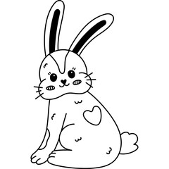 Lovely black and white Easter bunny with heart fur blob on back, turned around with joyful face. Funny hand drawn fuzzy rabbit for poster, card, web. Doodle sign of religious springtime holiday