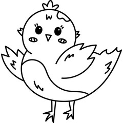 Lovely outline Easter chick character waving hello with wings. Cheerful hand drawn baby chicken as symbol of Easter, springtime, nature beginnings. Funny doodle farm bird, poultry isolated on white.