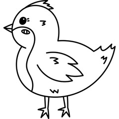 Lovely line doodle Easter baby chick side view. Hand drawn cute little hen or rooster, funny farm bird, poultry. Sign of religious springtime holiday. Seasonal chicken sticker isolated on white