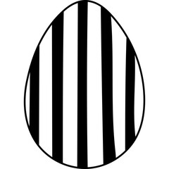 Lovely black and white painted egg with vertical wide stripes pattern for Easter egg hunt. Trendy hand drawn doodle to celebrate religious springtime holiday, funny game isolated on white background.