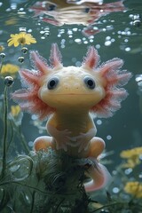 An axolotl is sitting on top of a plant in the water