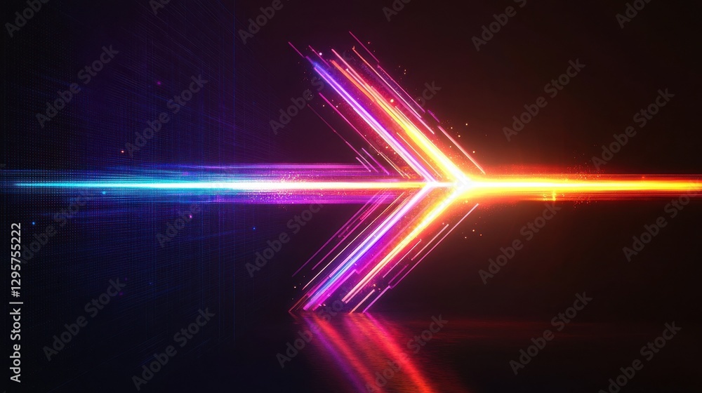Poster colorful arrow made of glowing light beams, pointing right at the center on a black background he ar