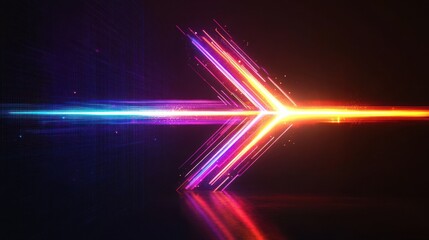 colorful arrow made of glowing light beams, pointing right at the center on a black background he arrow forms an elegant and dynamic shape with a sense of motion and speed