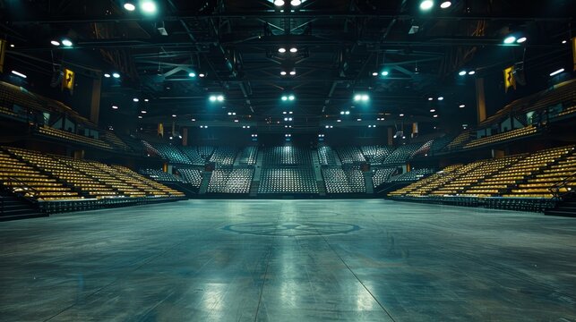 Illuminated seating highlights an unoccupied mma arena with a clear view of the main stage area