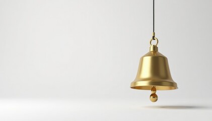 Obraz premium Simple white background with a single golden bell hanging from it, empty, isolation