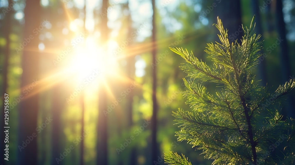 Poster bright sunlight filtering through tall trees illuminating fresh green pine leaves in forest : genera