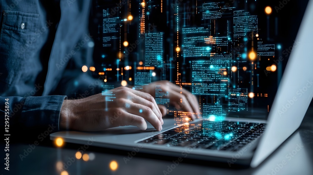 Poster A close up view of a hacker s hands rapidly typing on a laptop surrounded by a glowing digital environment of code data and futuristic technology  This image captures the essence of the tech savvy