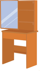 A wooden vanity with a mirror and a shelf. The mirror is reflecting the light from the window.Dressing table isolated on white background.cupboard icon vector illustration