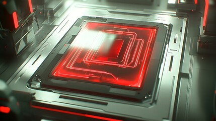 Obraz premium Futuristic red-lit circuit board with intricate patterns and glowing elements in a tech environment