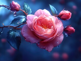 Close-up of a pink rose with water droplets, romantic floral background, soft bokeh, love and Valentine&rsquo;s day concept, generative AI