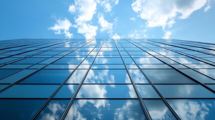 Reflective Glass Facade of Modern Building Against a Blue Sky : Generative AI