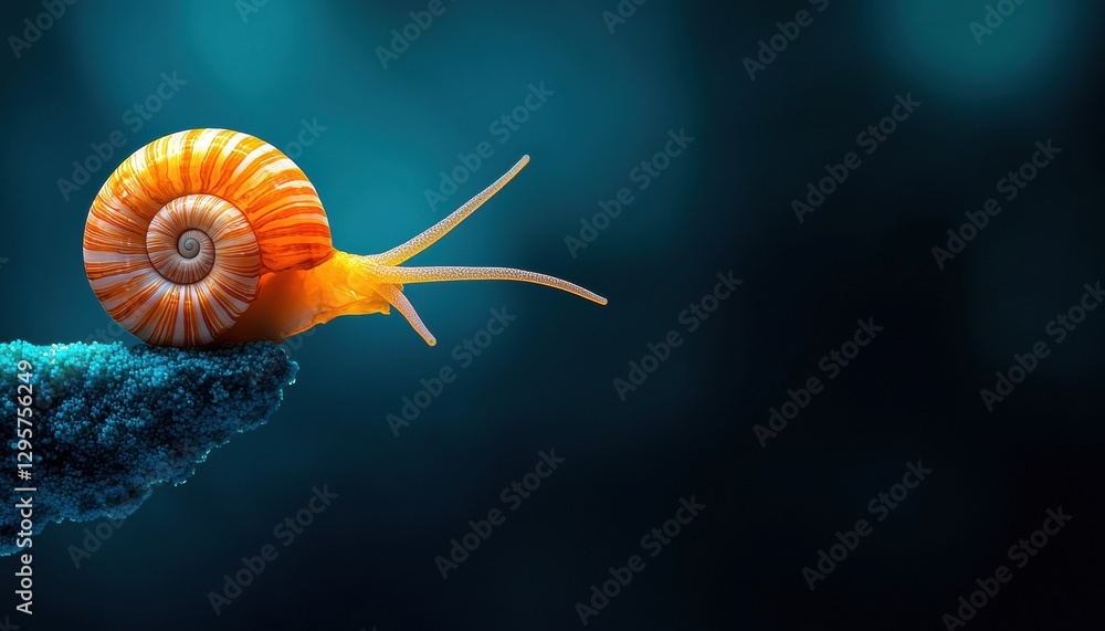 Poster a vibrant orange snail with a spiral shell crawls on a textured surface against a soft blue backgrou