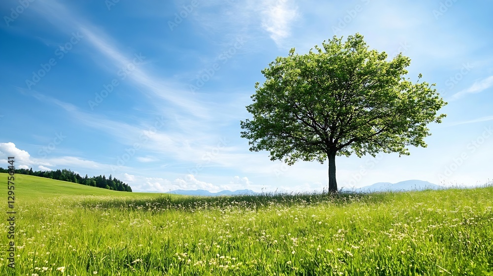 Poster lush green tree standing alone in a tranquil field under a bright blue sky symbolizing nature and gr