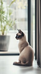 Elegant Siamese Contemplation: A sophisticated Siamese cat, bathed in soft natural light, gazes thoughtfully through a window.