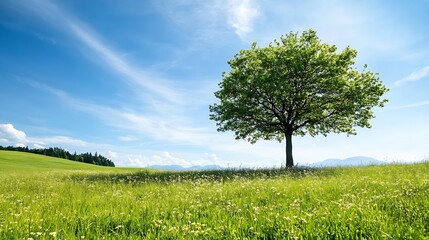 Obraz premium Lush green tree standing alone in a tranquil field under a bright blue sky symbolizing nature and growth : Generative AI