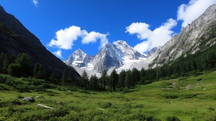 Obraz premium Lush Green Valley Surrounded by Towering Snowy Mountains and Bright Blue Sky : Generative AI