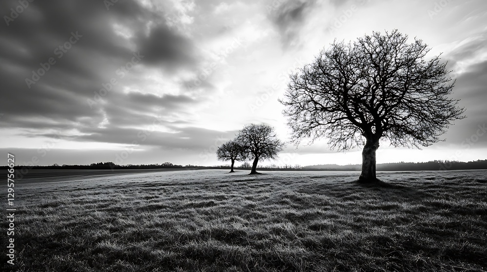 Poster black and white landscape of leafless trees against dramatic sky in a serene setting : generative ai
