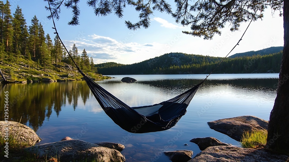 Poster relaxing hammock by the serene lake surrounded by lush greenery and tranquil water : generative ai