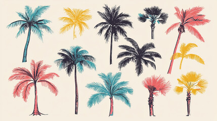 Obraz premium Colourful hand drawn palm tree. Retro tropical coconut trees, vintage miami palms vector illustration set. Tropical tree palm, green floral botanical