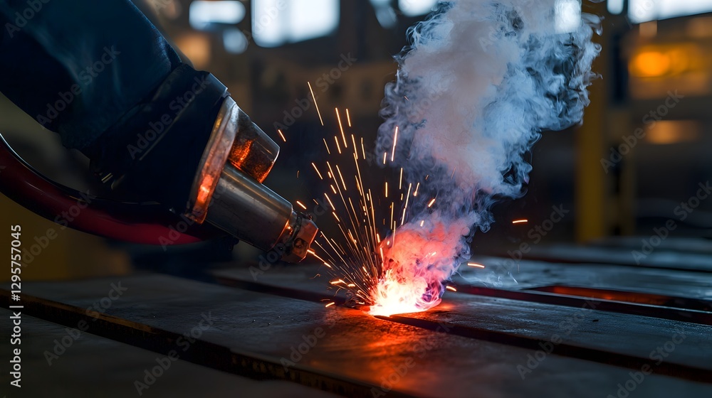 Poster a close up view of a welding joint glowing red hot with cooling steam rising in the background showc