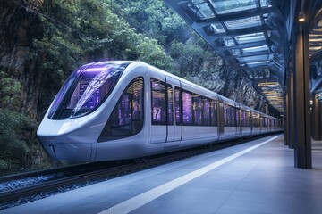 Naklejka premium Futuristic train at mountain station platform