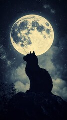 Wolf's Night Serenade: Silhouette of a lone wolf against a majestic full moon and starry sky, exuding the mystical allure of the wilderness.