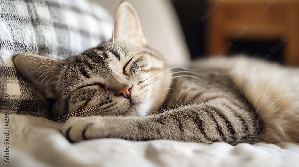Poster cute tabby cat sleeping comfortably on soft blanket with happy expression : generative ai