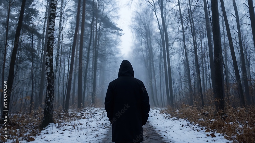 Poster Lonely Figure Walking Through Misty Winter Forest Path in Atmospheric Conditions : Generative AI