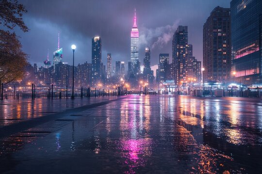Fototapeta City skyline illuminated at night with reflections after rain