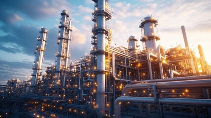 Large industrial oil refinery with smoke stacks and storage tanks in an urban environment during daylight