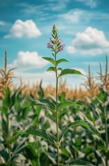 Vibrant Pink Blooming Flower Above Lush Green Cornfield Under Bright Blue Sky with Fluffy White Clouds in Rural Landscape