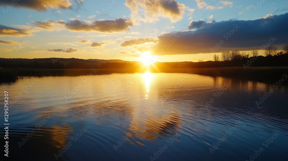 Poster golden sunset over calm reflective lake creating a serene and tranquil atmosphere : generative ai