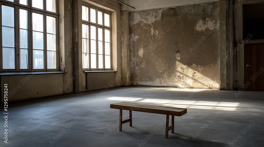 Poster abandoned industrial space with natural light streaming through windows : generative ai