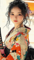 着物を着た女性／剣術