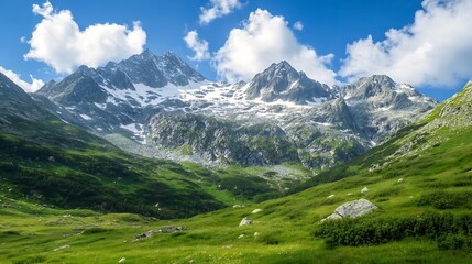 Obraz premium Majestic mountain landscape with lush green valley and snow capped peaks under a bright blue sky : Generative AI
