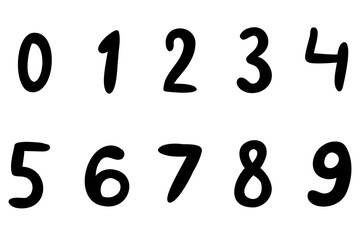 Black strong mathematical digits from 0 to 9 font collection set. Vector illustration in hand drawn doodle style isolated on white background. For birthday, learning, card, logo, sales, decorating.