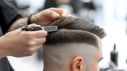 Fototapeta premium A Creative Close Up of a Barber s Hand Holding Clippers Skillfully Executing a Sharp Fade Haircut on a Client s Head in a Professional Barbershop or Salon Setting