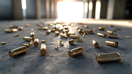 A creative close up shot of scattered spent shell casings bullet cartridges and ammunition littered across a gritty concrete floor conveying the concept of violence danger