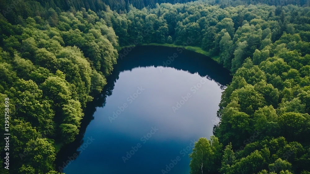 Poster aerial view of enchanting forest surrounding a serene lake in nature's paradise : generative ai